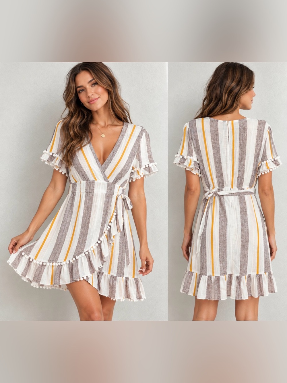 Simple Striped Wrap Midi Dress - White, Brown & Mustard,  Cotton,  PP20 L37
